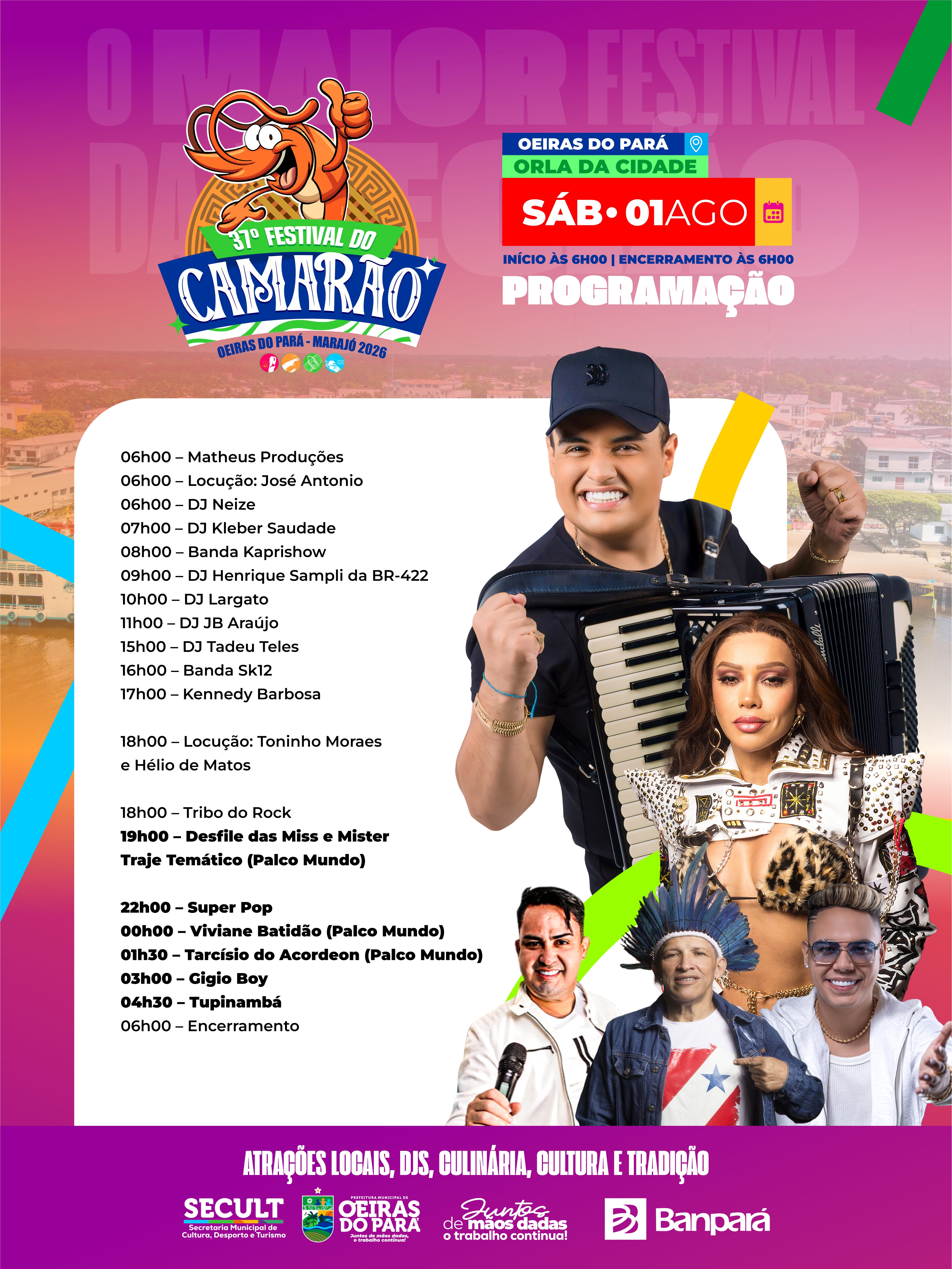 Terceiro dia do 37º Festival do Camarão segue com programação cultural e grandes shows neste sábado.